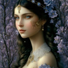 Blue-skinned woman surrounded by intricate flowers and gold jewelry