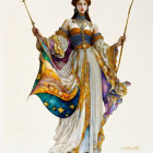 Celestial-inspired woman in ornate gown with stars, galaxies, scepter, bow, and crown