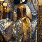 Luxurious woman in golden attire by ornate curtains and lamps