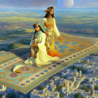 Elderly Women on a Flying Carpet Over Cityscape