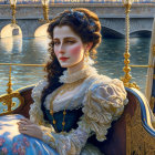 Historical woman in elegant dress in luxurious carriage by bridge and river