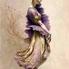 Elegant woman in gold and purple dress with fan, surrounded by delicate flowers and branches