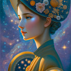 Curly-Haired Woman in Ornate Hat on Moonlit Night