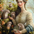 Woman in vintage dress with hedgehogs and floral headpiece in garden setting