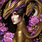 Dark-haired woman with purple flowers and golden dragon in a field of purple peonies