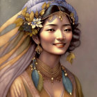 Smiling woman with gold jewelry and purple headscarf in fantasy painting style