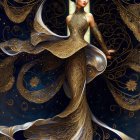 Illustrated woman in ornate golden dress with swirling patterns and starry backdrop