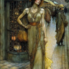 Fantasy-themed illustration of a woman in ornate headgear and flowing robes