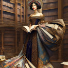 Woman in golden and blue dress with leaf crown in ornate library holding open book