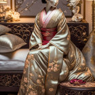 Traditional Geisha in Floral Kimono Sitting Gracefully in Well-Appointed Room