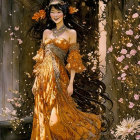 Woman in flowing orange dress by ivy-covered stone doorway