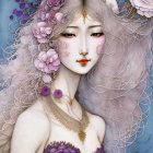 Graceful woman with pale skin, white hair, purple flowers, gold jewelry