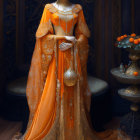 Elegant woman in orange gown with gold details and bird on shoulder against dark floral backdrop