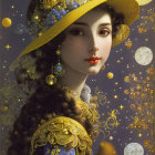 Digital painting: Elegant woman with dark curly hair, pearl hat, white collar, blue floral cloak,