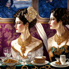 Luxuriously dressed women in ornate train cabin with fine china