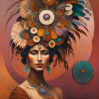 Woman with Floral Headdress in Warm Colors: Ethereal and Serene Artistic Representation