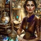 Illustrated woman in traditional Asian attire among ornate vases and glowing orbs.