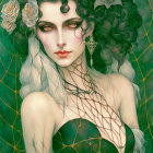 Gothic fantasy art: Pale woman with dark hair, green eyes, black dress, spiderweb