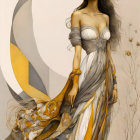 Illustrated woman in grey gown with gold patterns and floral headdress