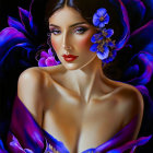 Surreal portrait of pale woman with dark hair in vibrant purple setting