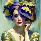 Elegant woman portrait with large floral hat and gold attire