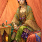 Traditional woman adorned in ornate attire under elegant tent