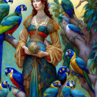 Woman in ornate gown surrounded by blue and green parrots in lush forest setting