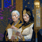 Elderly women in medieval attire reading by candlelight