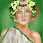 Ethereal woman with blonde hair, golden crown, surrounded by greenery and white roses