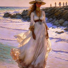 Woman in flowing white dress and hat walking by the shore with group of people and sea in background