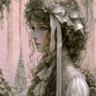 Fantasy portrait: Woman with braided hair and wintry headpiece in snowy landscape