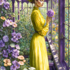 Woman in Yellow Floral Dress Standing in Purple Greenhouse