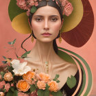 Blue-skinned woman with golden headdress and roses on textured background