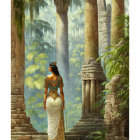 Woman in traditional dress at ancient ruins in lush jungle