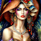 Illustrated lady with dramatic makeup and floral hat, exuding elegance and mystery