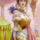 Elegant woman in ornate dress against fantasy backdrop with lanterns
