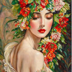 Woman with vibrant floral headpiece and serene expression.