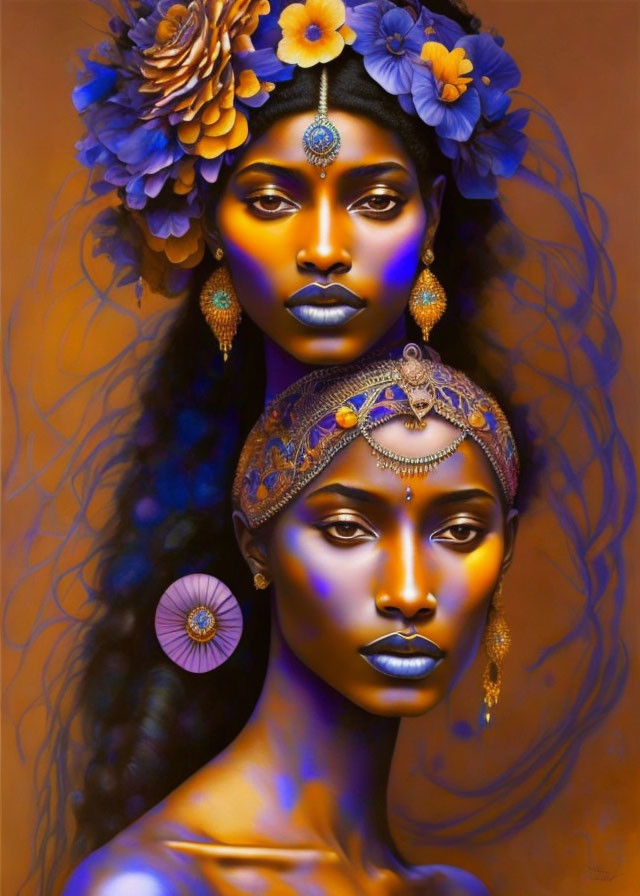 Colorful Artwork: Two Women with Blue and Purple Hair on Orange Background