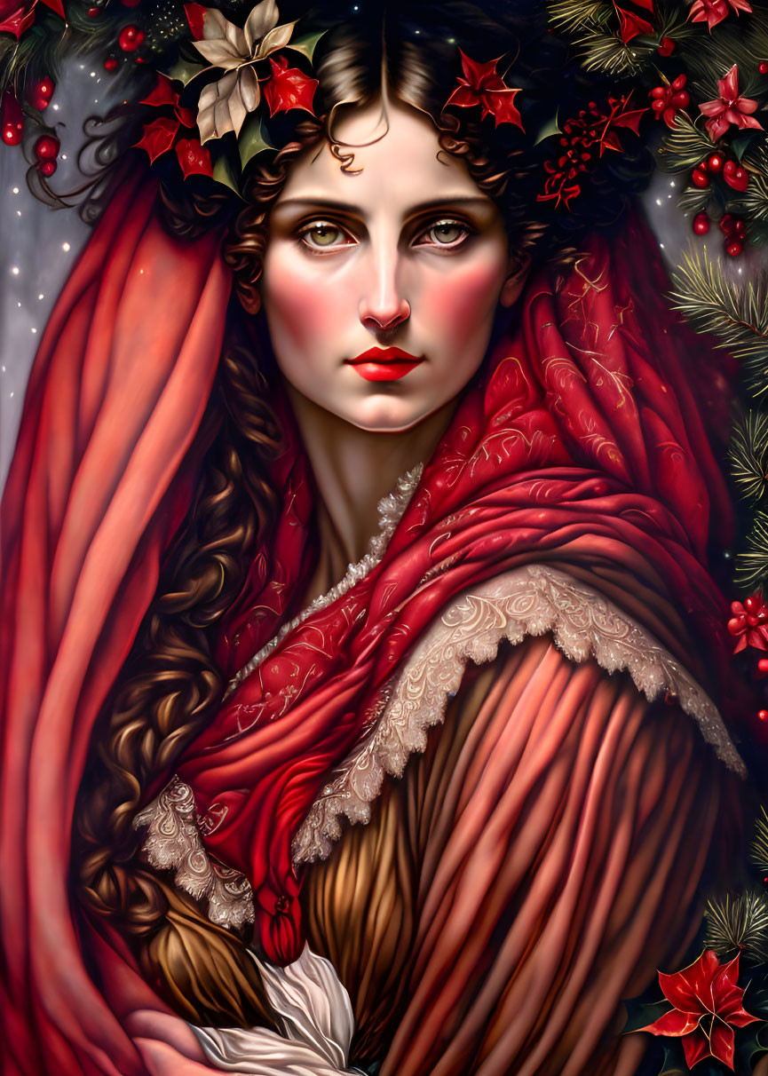 Illustration of woman with fair skin in red cloak, holly leaves, starry background