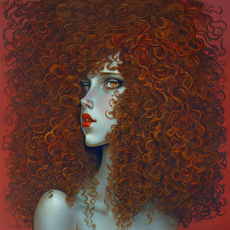 Portrait of Woman with Auburn Hair and Yellow Eyes on Red Background