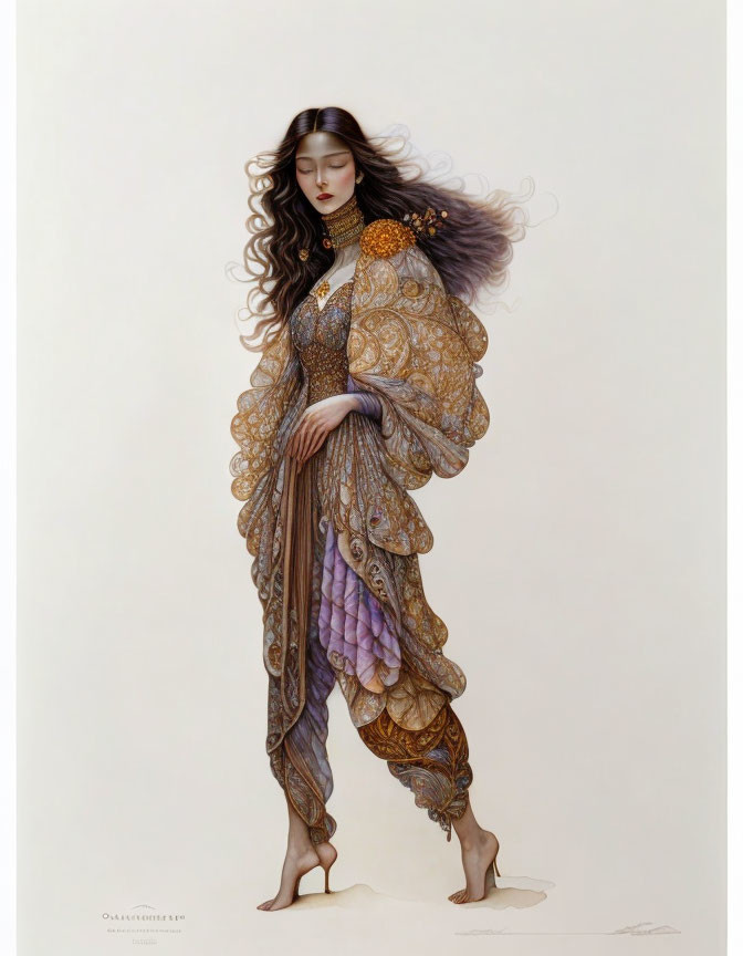 Ethereal woman in gold and purple gown with flowing hair