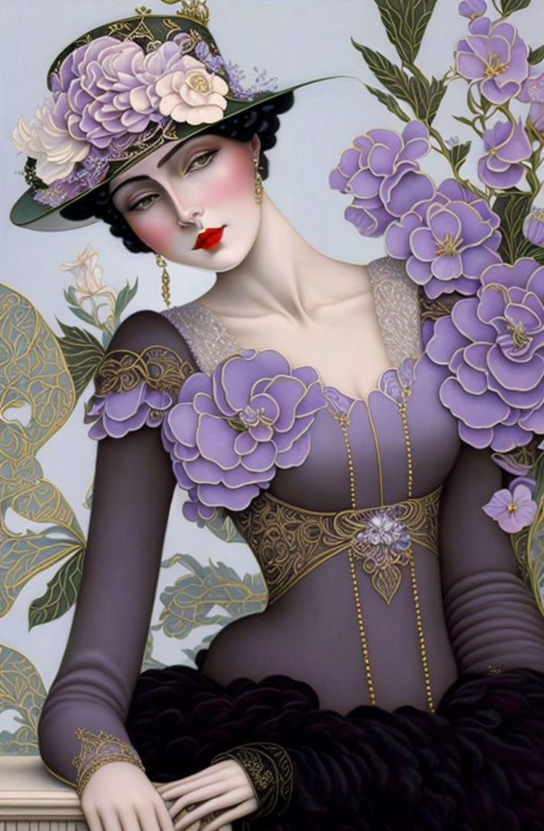 Elegant woman illustration with porcelain skin and purple attire surrounded by floral motifs