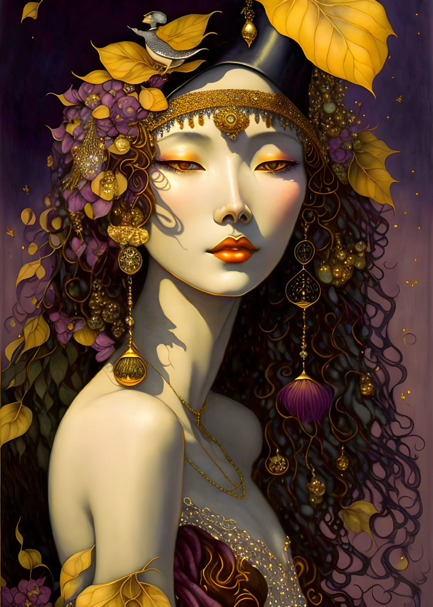 Woman adorned with golden accessories, purple flowers, leaves, and bird on purple background