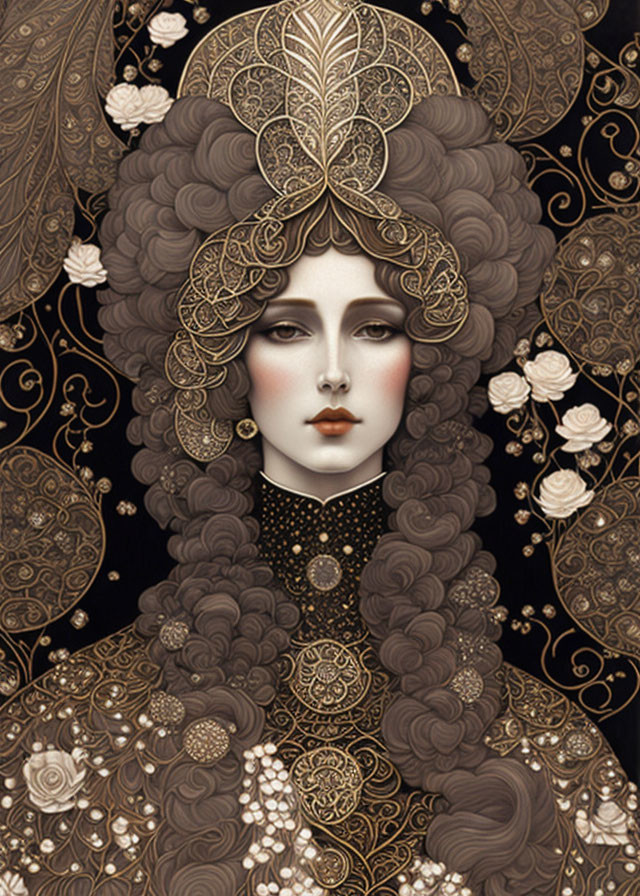 Detailed illustration of woman with ornate hair and clothing on black background