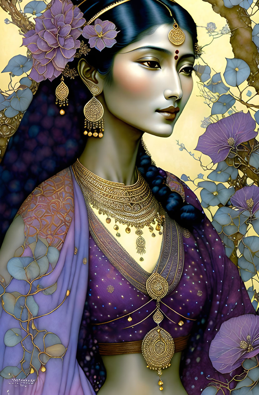 Digital painting of woman in traditional Indian attire with gold jewelry and purple flowers on golden background