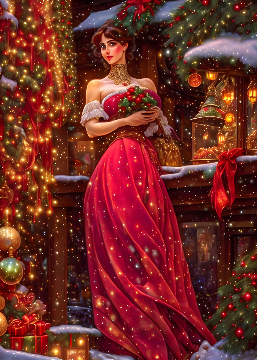 Woman in red dress with bouquet among Christmas decorations and snowfall