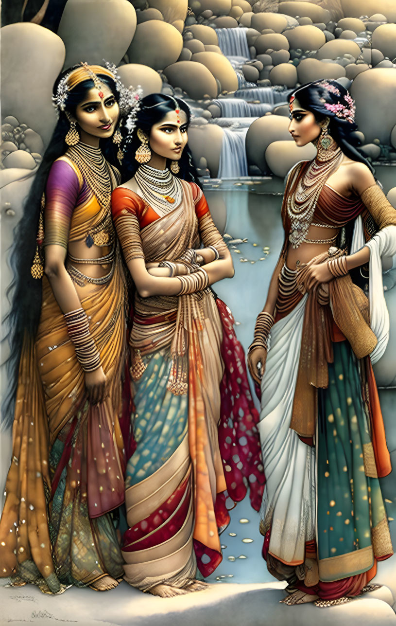 Traditional Indian Attire Women Against Waterfall Backdrop