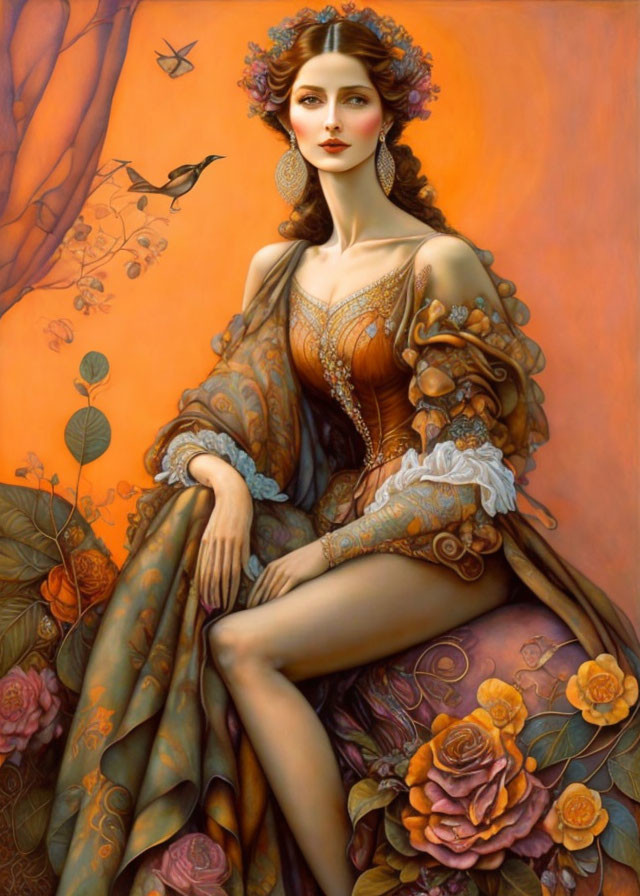 Illustrated woman in ornate orange dress with floral designs on warm backdrop with bird and flowers.