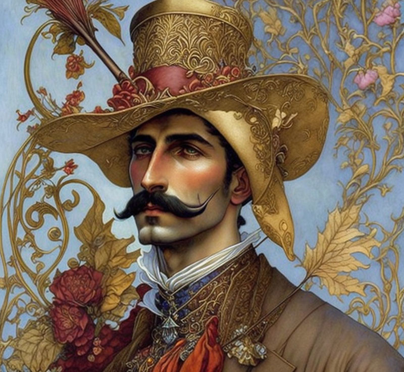 Stylized gentleman portrait with mustache and ornate golden attire on floral background