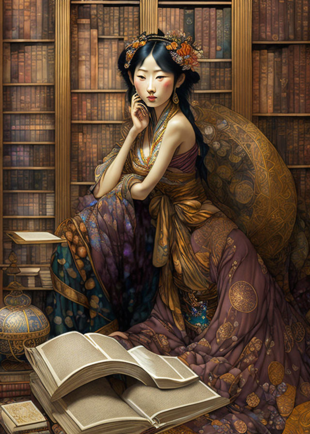 Digital painting of a thoughtful woman in traditional attire with books and bookshelf.